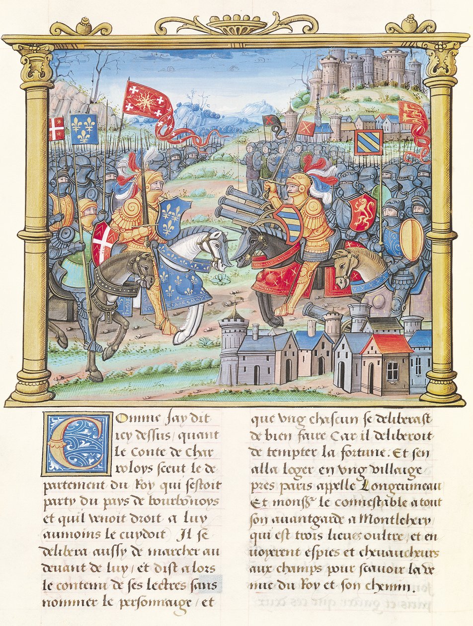 Ms.18 f.7v Montlheryn taistelu hyvän yleisön liigan sodan aikana, 14. heinäkuuta 1465, Philippe of Comminesin muistelmista (1445-1509) tekijältä French School