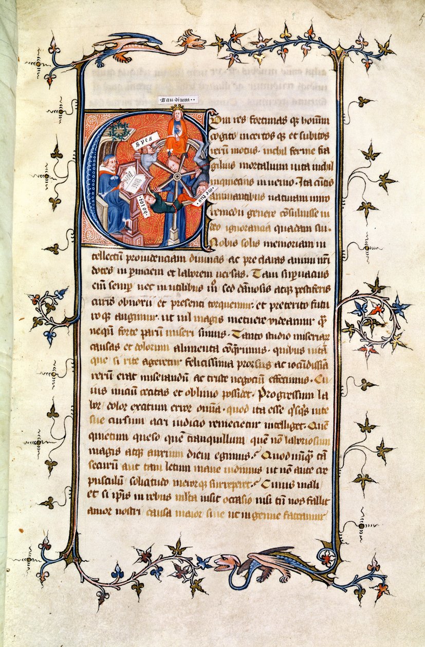 Ms.239 fol.1 Sivu, jossa on historiallinen alkukirjain, joka kuvaa istuvaa miestä Onnenpyörän edessä, Petrarchin (1304-74) teoksesta "De Remediis Utriusque Fortunae" tekijältä French School