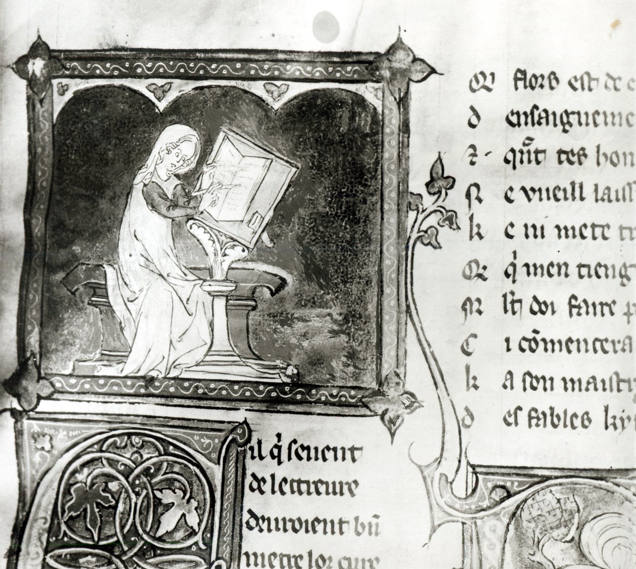 Ms.3142 fol.256 Marie de France (fl.12th century) kirjoitus, ranskalaisten runojen antologiasta, n. 1280-1290 (yksityiskohta) tekijältä French School