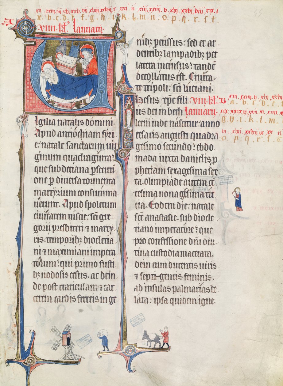 Ms.838 fol.55 Historioidut nimikirjaimet "U" ja "I", jotka kuvaavat syntymää ja lapsen Kristusta, "Obituaire de Notre Dame de Pres" -kirjasta, vuoden 1270 jälkeen (katso myös 155905) tekijältä French School