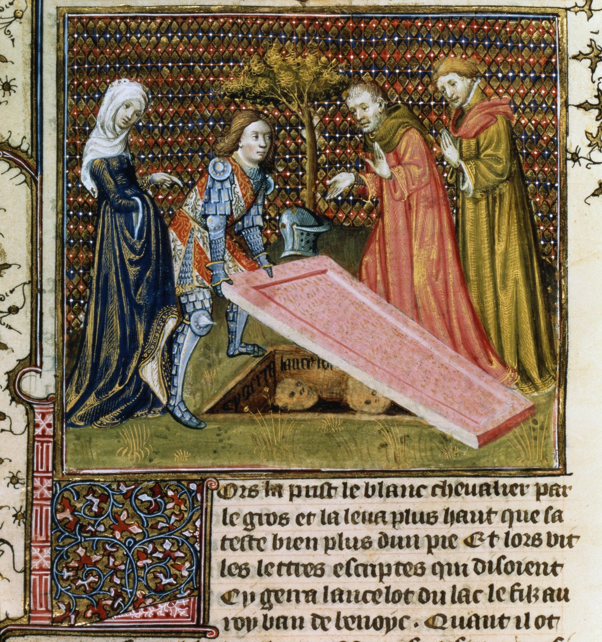 Ms.Fr.118 f.190 Lancelot nostaa kiven pois omalta ennalta määrätyltä haudaltaan ja saa tietää hänen nimensä ja sukujuurensa Livre de Messire Lancelot du Lacista tekijältä French School