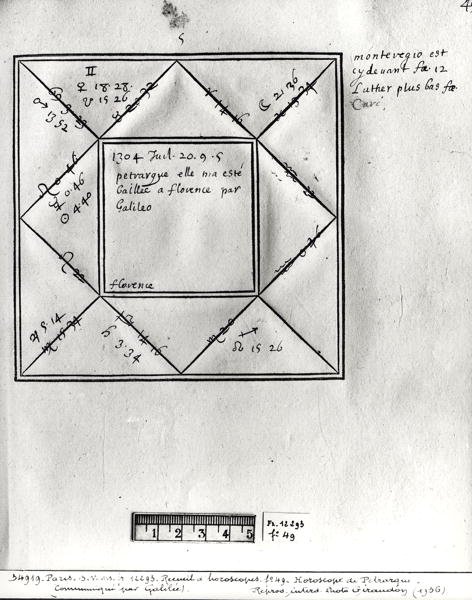 Ms.Fr.12293 fol.49 Petrarcan (1304-74) horoskooppi, jonka on laatinut Galilei ja joka on peräisin 1300-1700-luvun horoskooppikokoelmasta. tekijältä French School