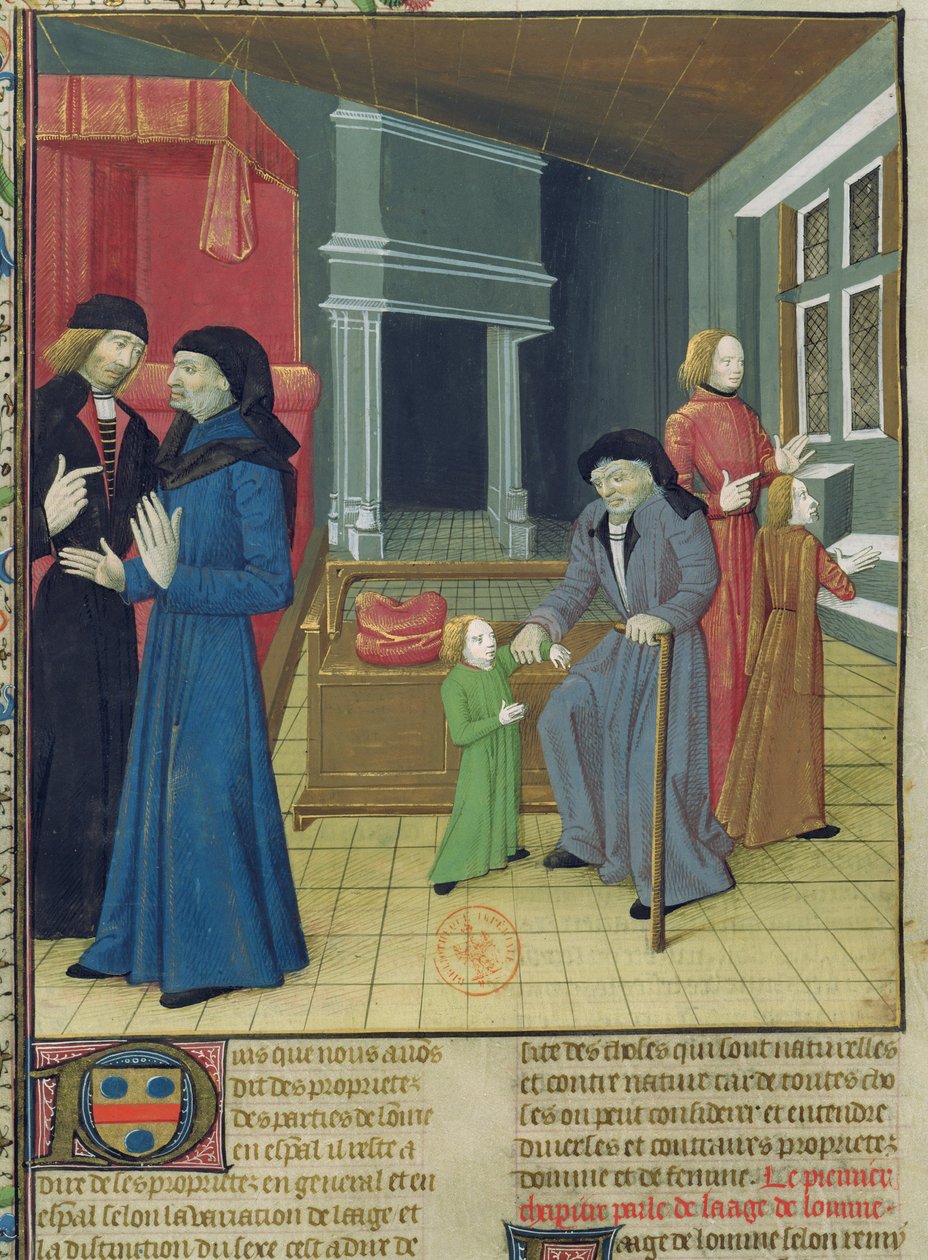Ms.Fr.9140 fol.102v. Ihmisen kuusi aikakautta Barthelemy langlaisin teosten ominaisuuksien kirjasta tekijältä French School