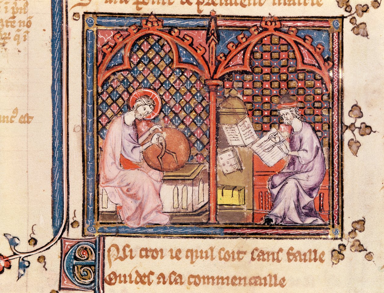 Ms 1044 Fol.16v Sana, maailman luoja ja kirjaansa kirjoittava kirjailija, Ovide Moralisesta kirjoittanut Chretien Legouais tekijältä French School