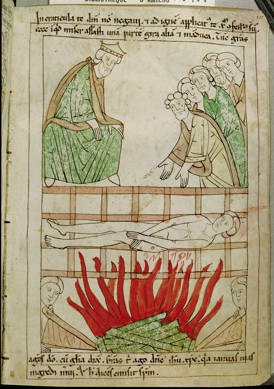 Ms 108 fol.213 Pyhän Laurentiuksen marttyyrikuolema vuonna 258 jKr, Raamatusta tekijältä French School