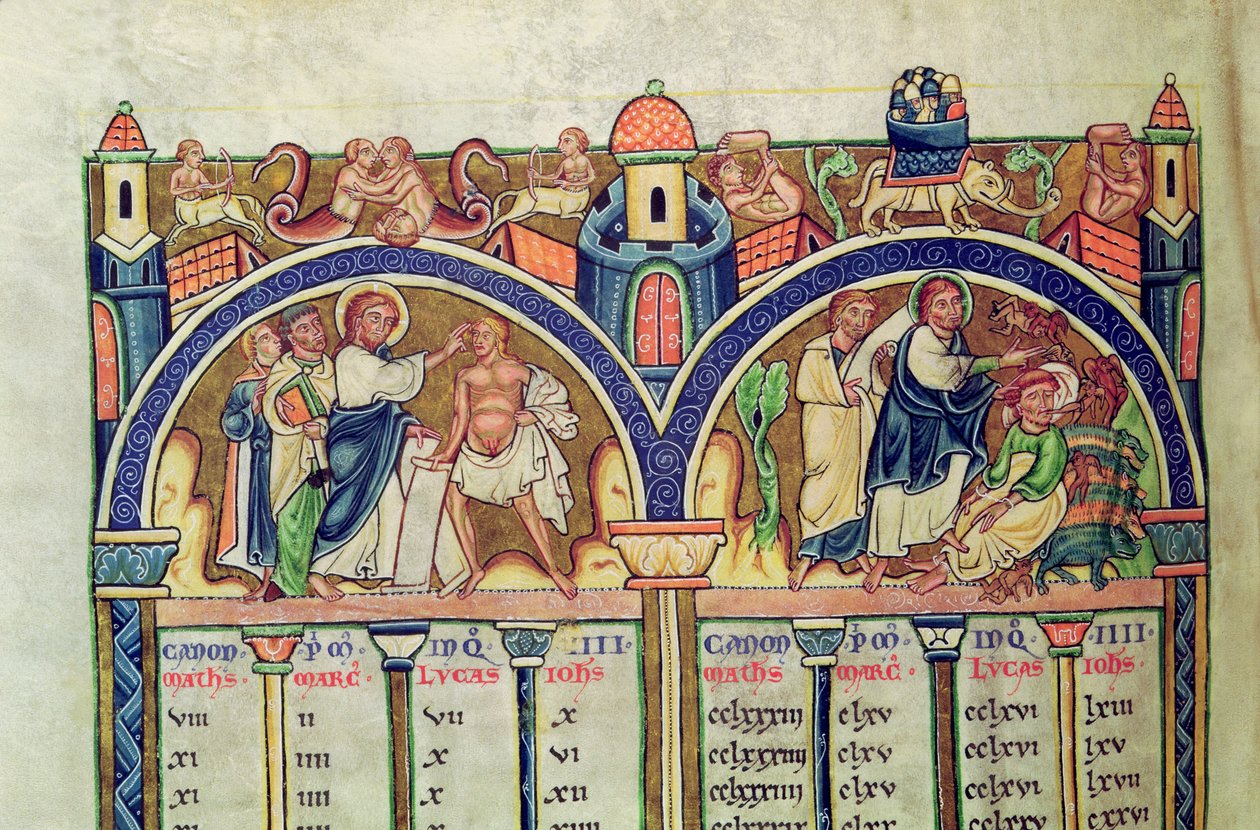 Ms 10 f.128v Evankelistien kaanon, yksityiskohta, jossa Kristus parantaa miehen, jolla on vesivamma ja ajaa ulos riivatun miehen demoneita, latinalaisesta Raamatusta tekijältä French School