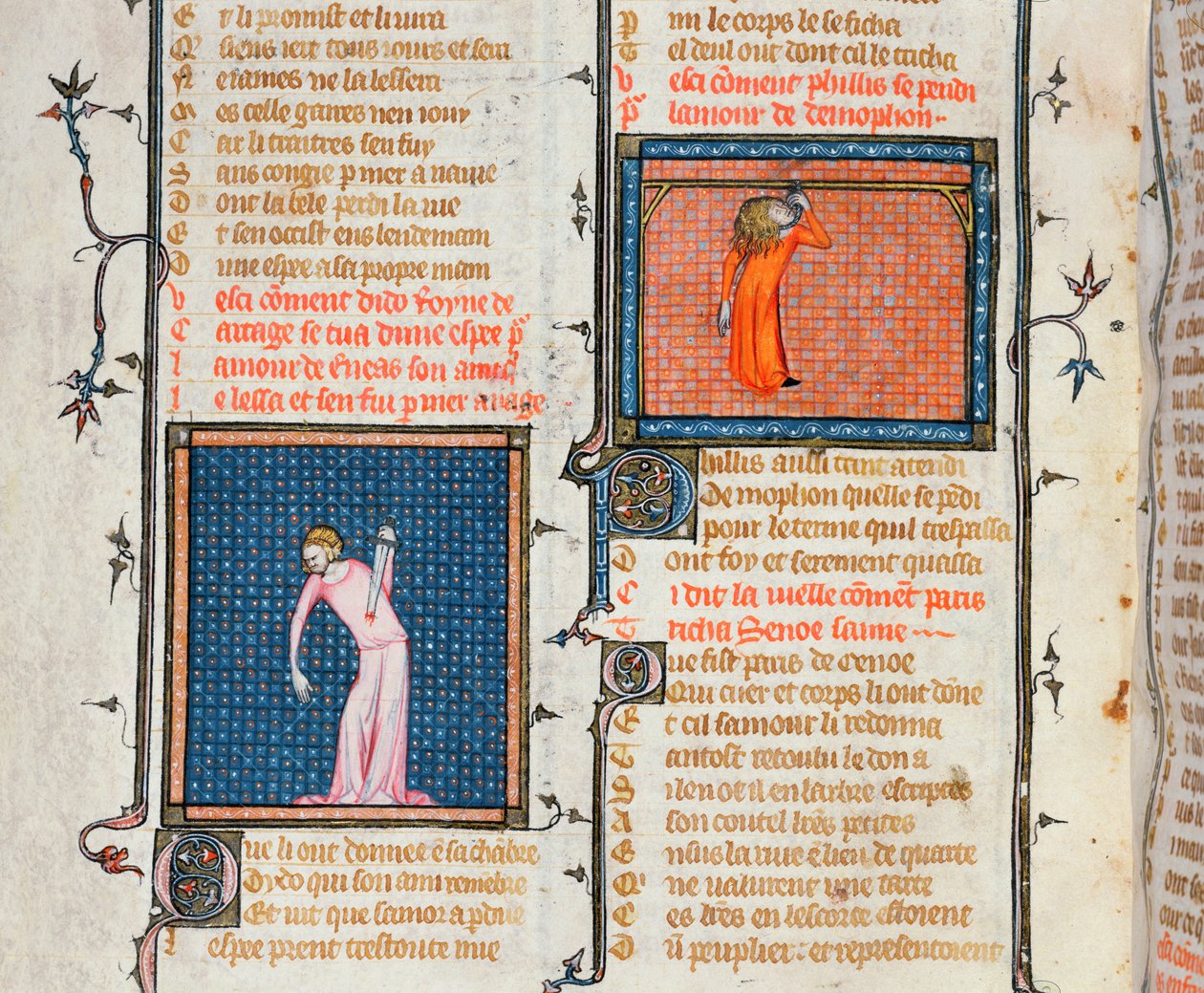 Ms 1126 Didon itsemurha miekalla ja Phyllisin itsemurha hirttämällä, Guillaume de Lorisin ja Jean de Meungin Le Roman de la Rosesta, n. 1360-70 tekijältä French School