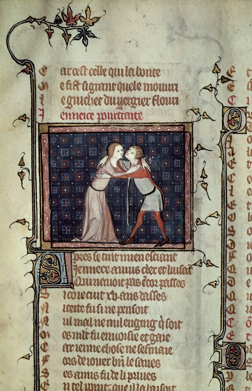 Ms 1126 fol.8r Youth and Love Embracing, Guillaume de Lorisin ja Jean de Meungin Le Roman de la Rosesta tekijältä French School