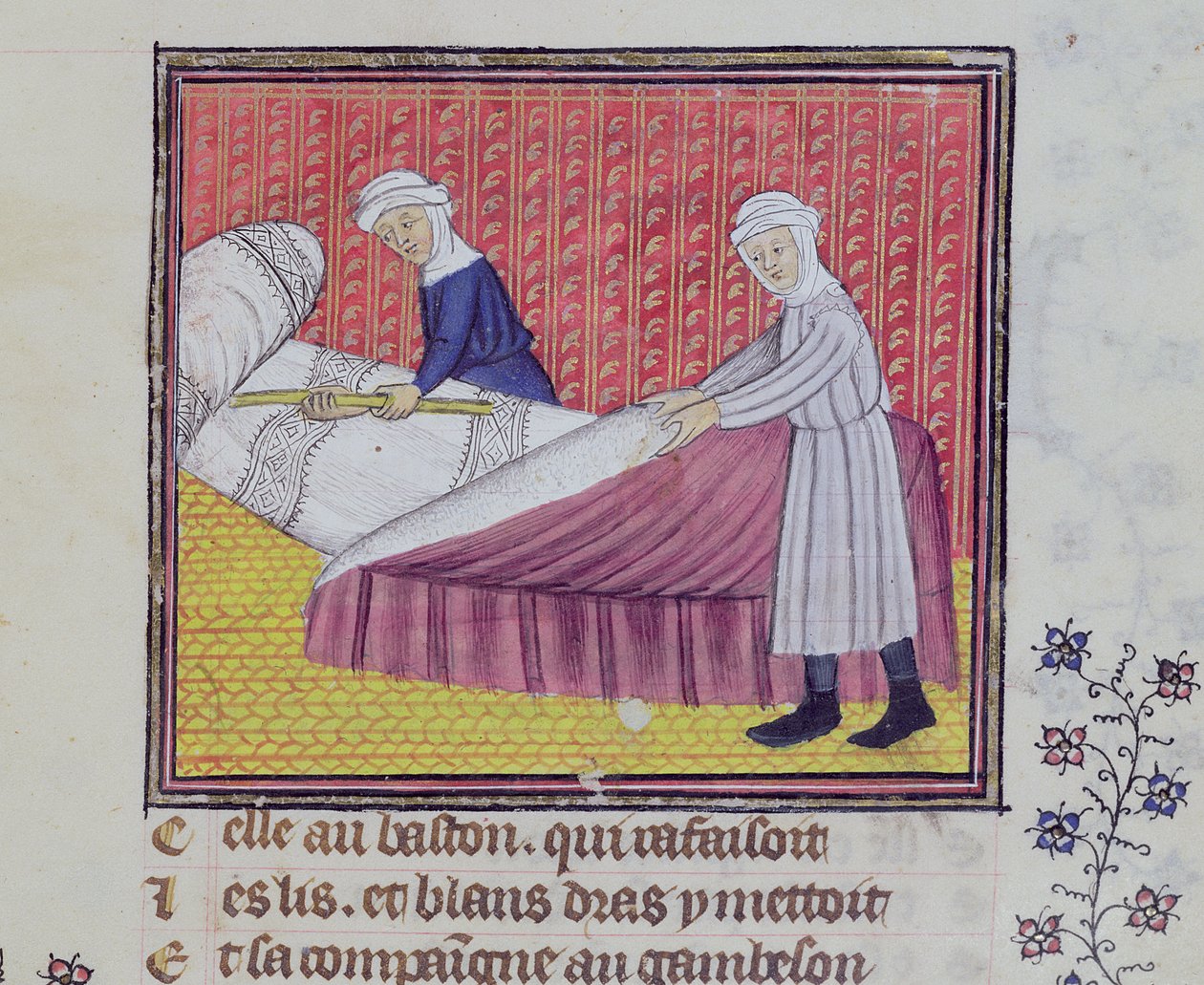 Ms 1130 fol.83r Siveys ja köyhyys nukkumassa, Guillaume de Digullevillen Le Roman des Trois Pelerinages tekijältä French School