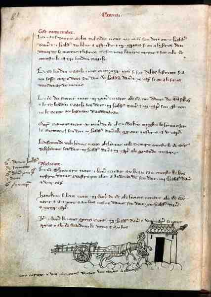 Ms 1175 f.8v Farmer hevosensa ja kärryineen, Vieil Rentier dAudenarde, 1291-1302 tekijältä French School