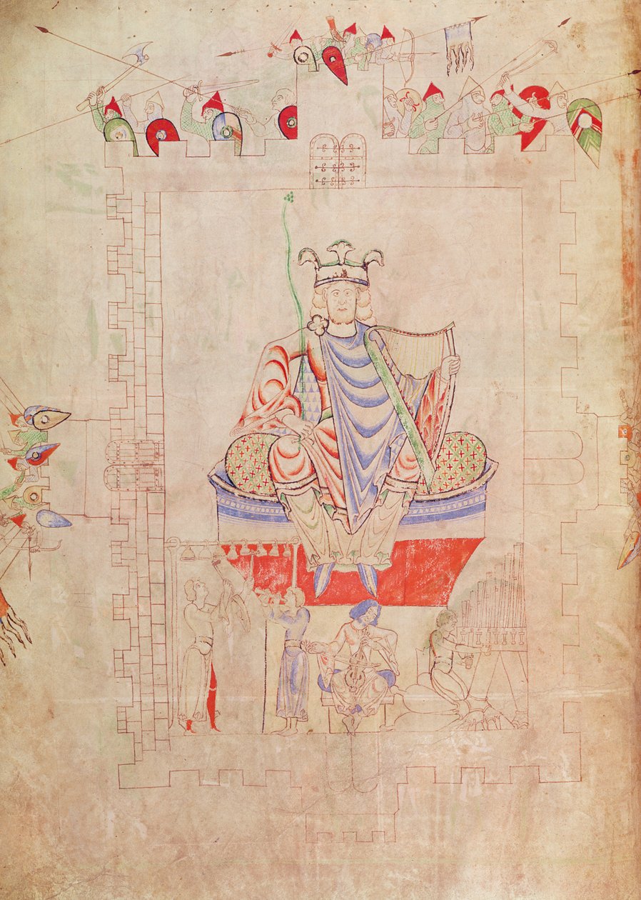 Ms. 1215 t.3 fol.13v Kuningas Daavid majesteettisuudessa Jerusalemin keskustassa, 1109 tekijältä French School
