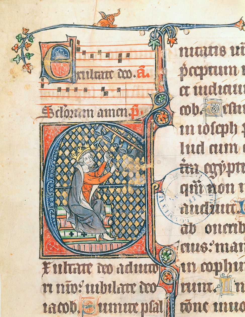 Ms 124 f. 83 Historioitu alkukirjain, jossa kuningas Daavidia soittaa kellosoittoa, kuvitus psalterista tekijältä French School