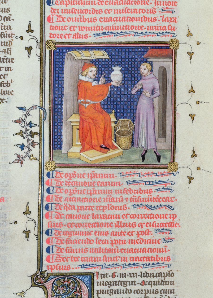 Ms 126 fol.200v Lääkäri, joka suorittaa virtsan analyysin Rhazesin (Ibn Zakariya) käsikirjoituksesta (860-c.923) tekijältä French School