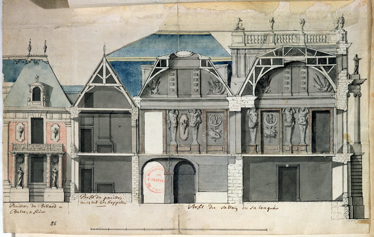 Ms 130736 Louis Le Vaun ((1612-70) rakentaman Versaillesin linnan siiven poikkileikkaus (wc paperilla) tekijältä French School