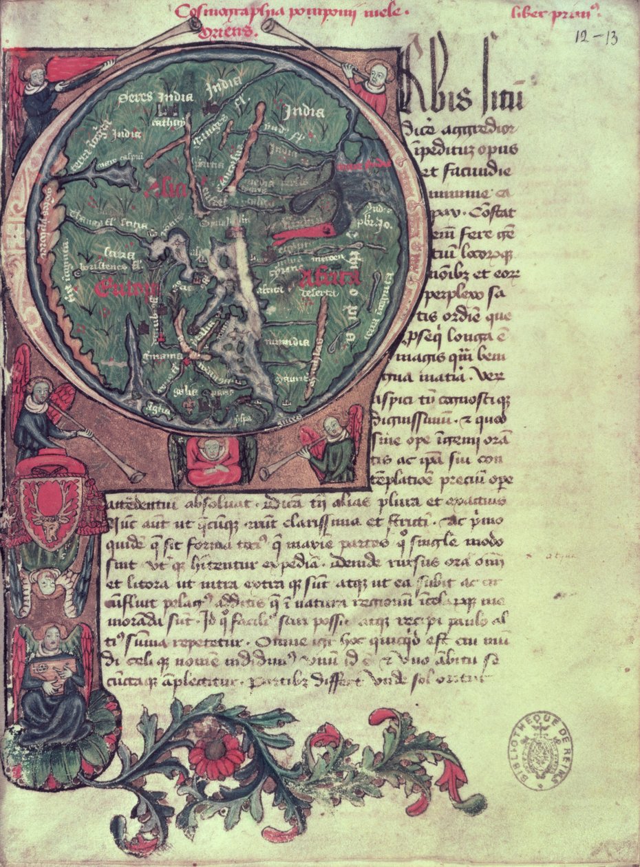 Ms 1321 fol.12 Historioitu alkukirjain "O", joka kuvaa Maata, Pomponius Melan (fl.c.50 jKr) "De Situ Orbis" -kirjasta 1418 tekijältä French School