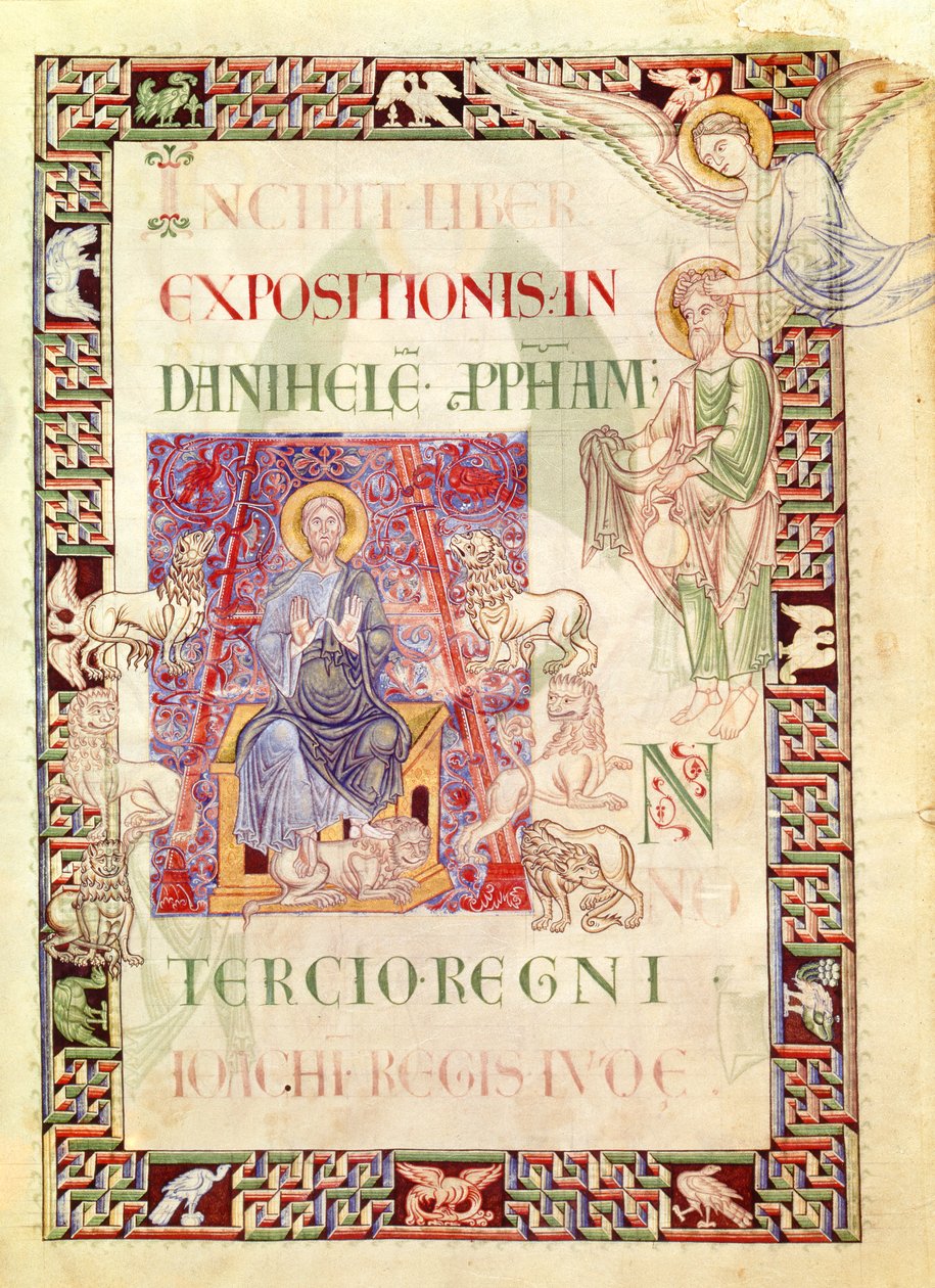 Ms 132 f.2v Daniel Habakukin ruokkimassa lionien luolassa, St. Jerome