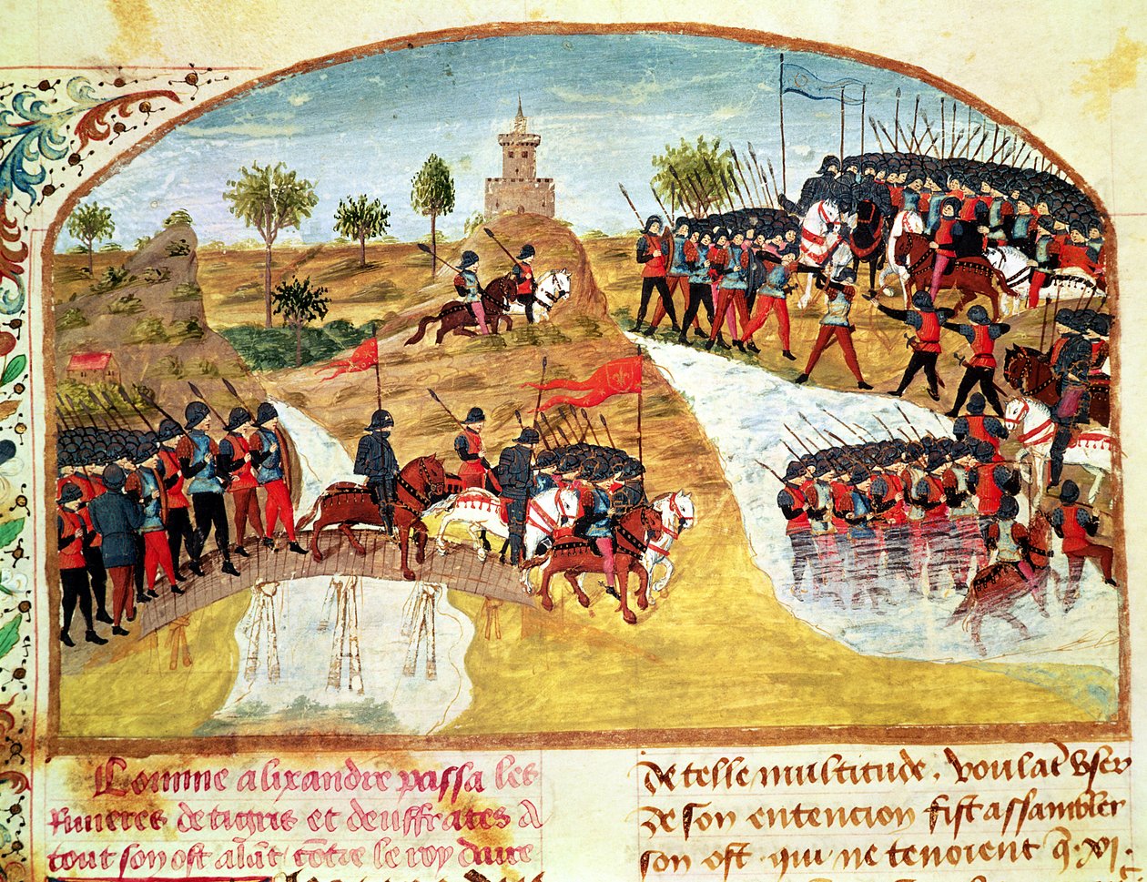 Ms 1335 f.62v Miten Aleksanteri Suuri (356-323 eKr.) ylitti Tigriksen ja Eufratin Vie dAlexandre le Grandista tekijältä French School