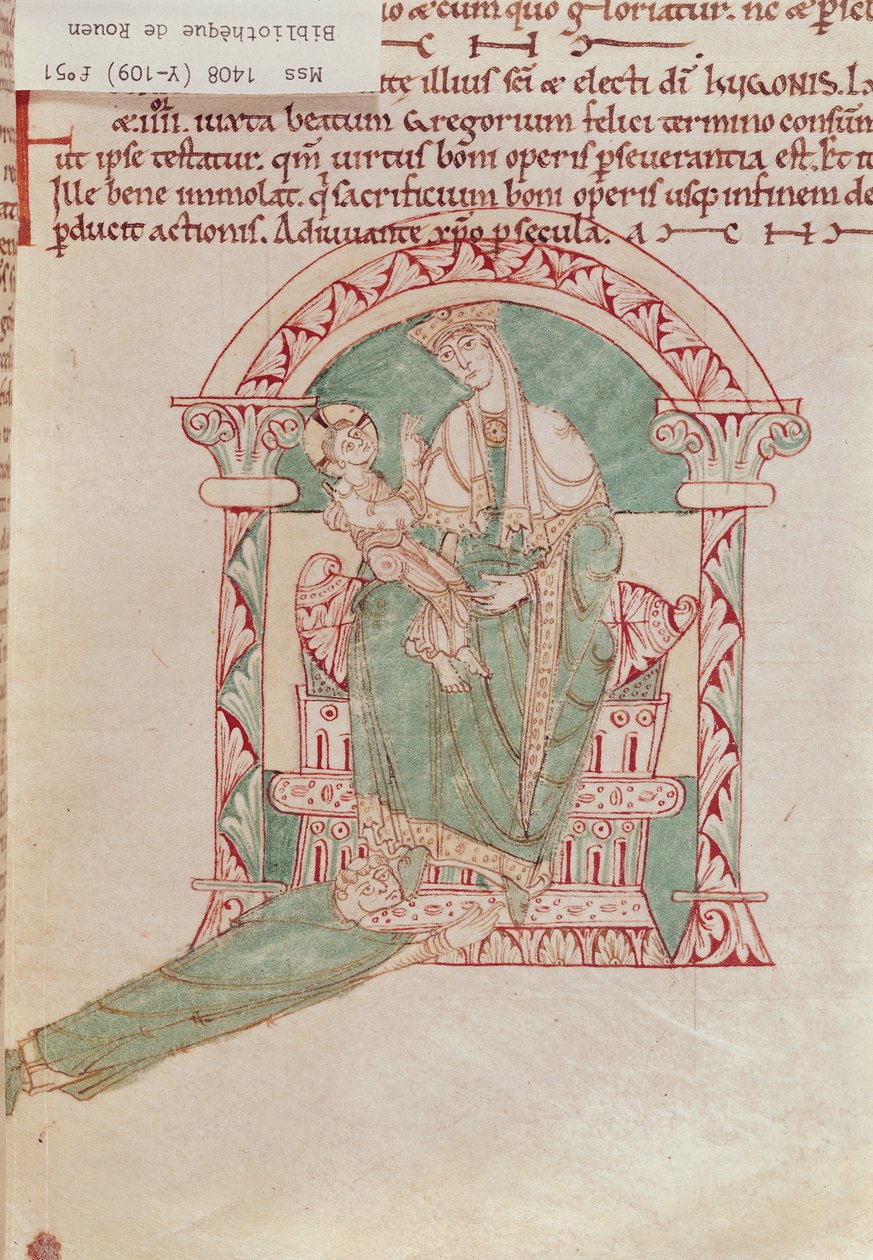 Ms 1408 fol.51 Neitsyt ja lapsi Pyhän Gregorius Suuren kanssa (540-604) sarjasta Sermons et Vies de Saints tekijältä French School