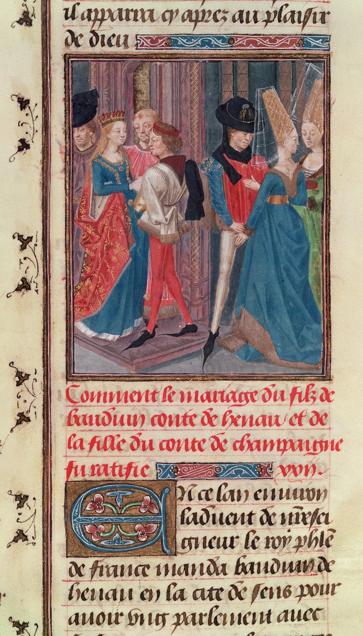 Ms 149 t.3 fol.105 Baldwin VI:n ja Champagnen kreivin tyttären Marien avioliitto Histoire des Nobles Princes de Hainaut