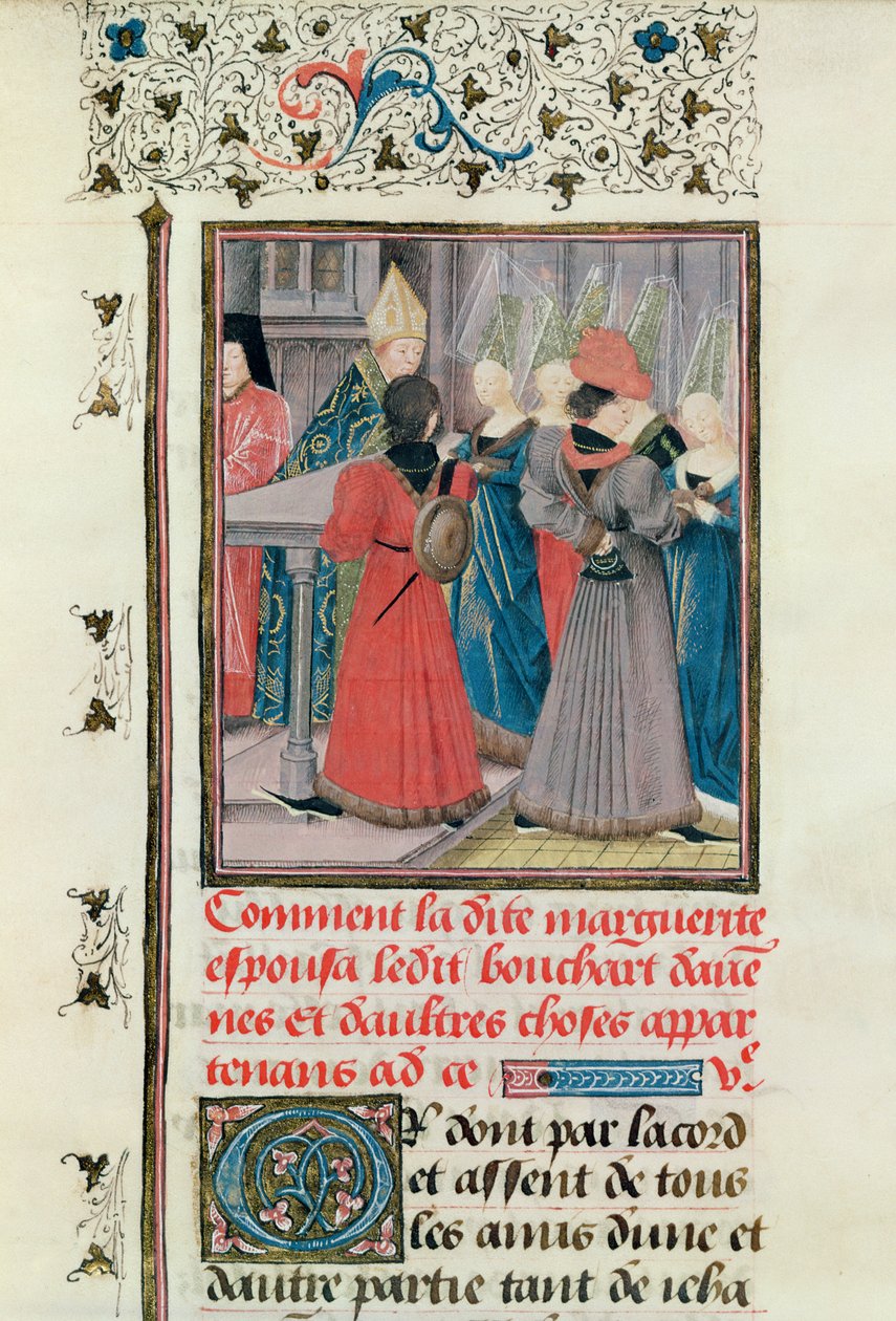 Ms 149 t.3 fol.149 Marguerite de Constantinopolin avioliitto Bouchard dAvesnesin kanssa vuonna 1212 tekijältä French School