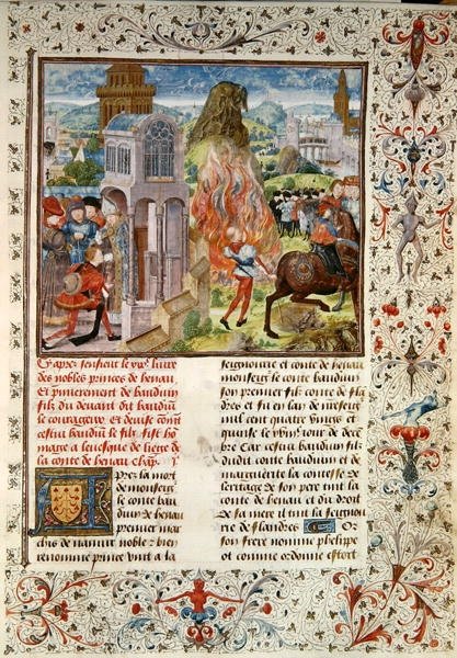Ms 149 t.3 fol.172 Baldwin VI:n perimys isänsä kuoleman jälkeen, Histoire des Nobles Princes de Hainaut, kirjoittanut Jacques de Guise. tekijältä French School