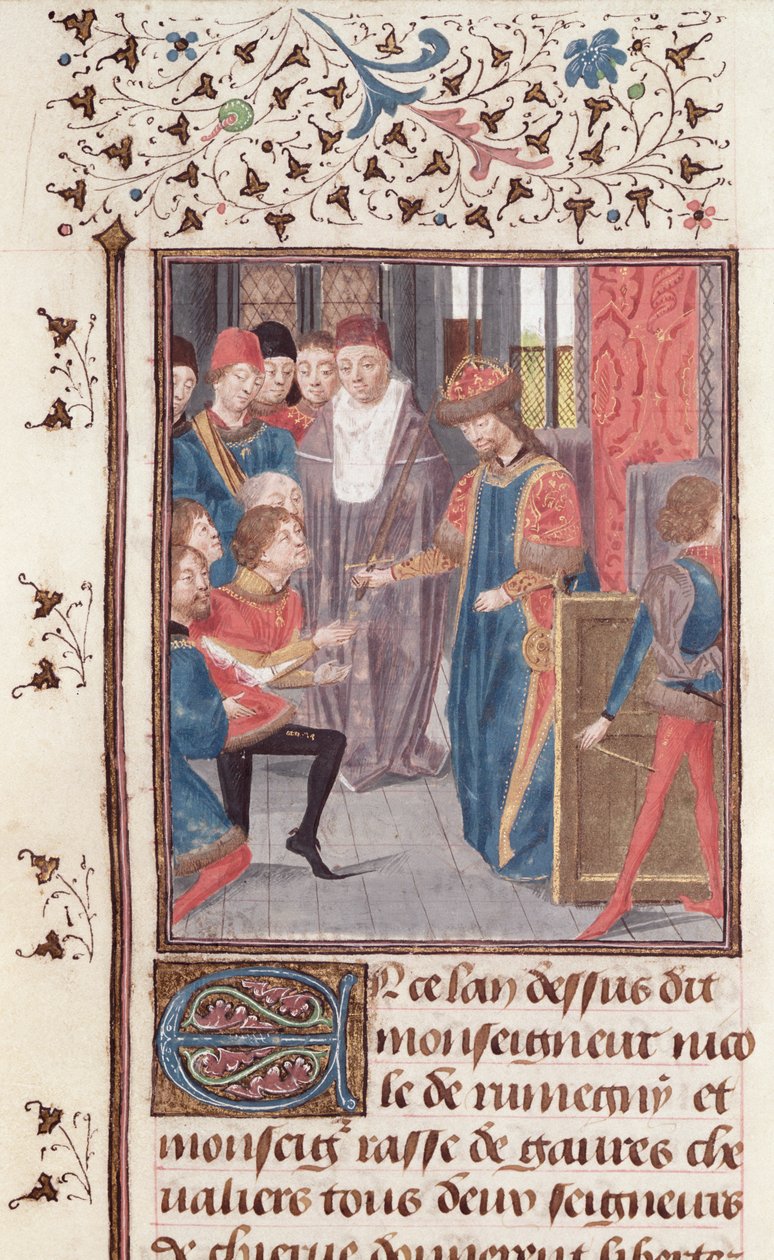 Ms 149 t.3 fol.95v Kahden ritarin nimittäminen, Histoire des Nobles Princes de Hainaut