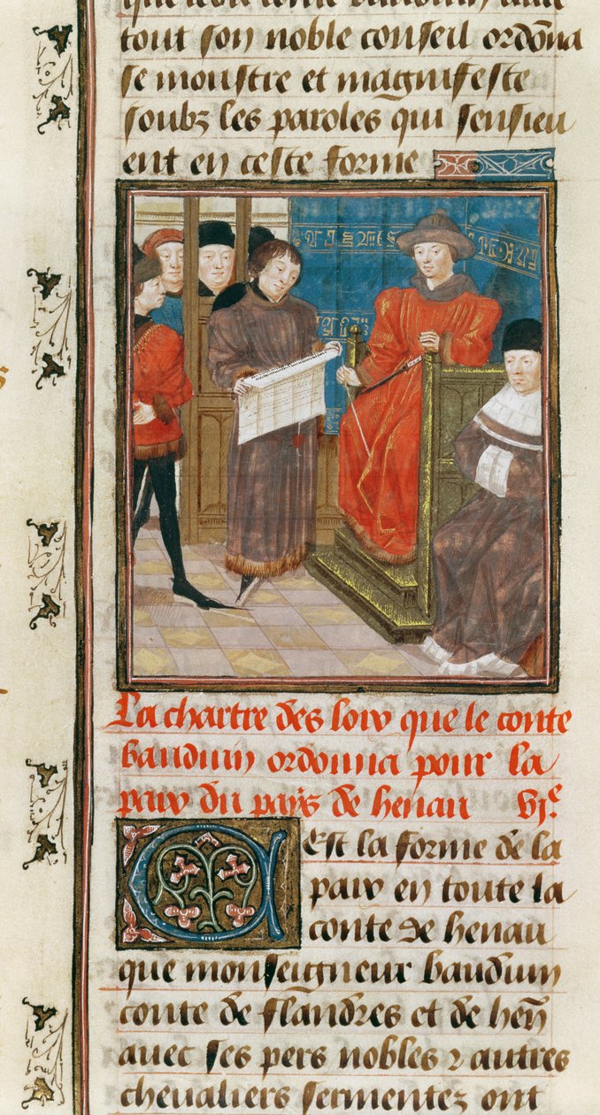 Ms. 149t.3 fol.175 v Peruskirja, jonka mukaan kreivi Baudouin VI of Hainault määräsi Hainaultin maan rauhan tekijältä French School