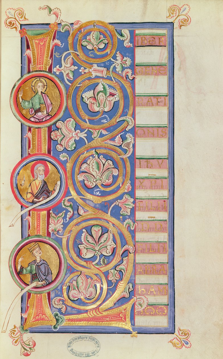 Ms 14 fol.23 Historioitu alkukirjain L medaljoneilla, Evankeliaarista tekijältä French School