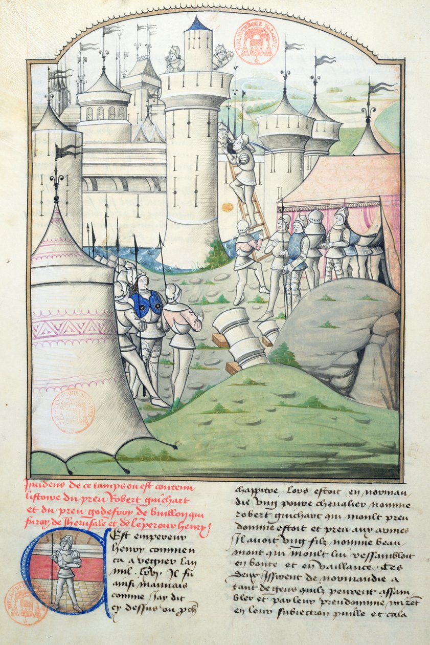 Ms 1560: Godfrey de Bouillon ja ristiretkeläiset valtasivat Jerusalemin vuonna 1099 ensimmäisen ristiretken aikana, miniatyyri Fleur des Histoiresista tekijältä French School
