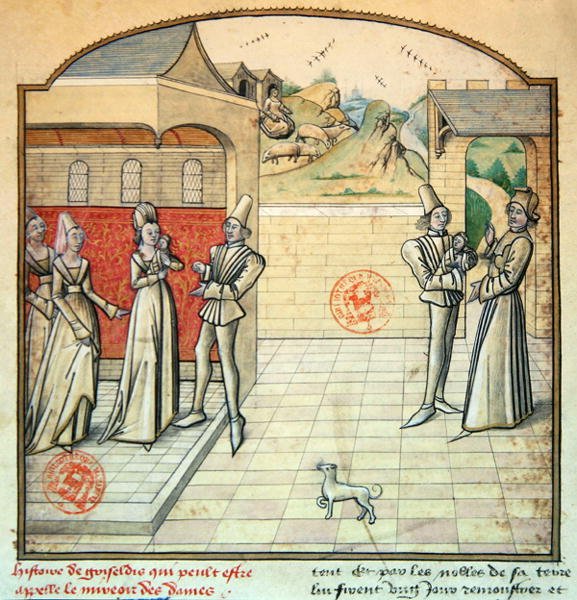 Ms 1560 Griseldis ja hänen miehensä Marquis de Saluces, kuvitus "Fleur des Histoires" -kirjasta, Giovanni Boccaccion (vellum) mukaan tekijältä French School