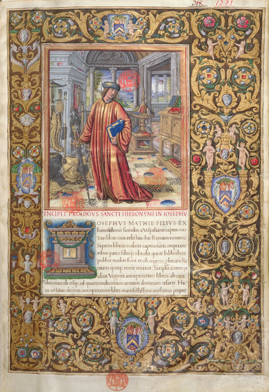 Ms. 1581 f. 001 Flavius Josephus työssään, kuvitus Flavius Josephuksen prologiin juutalaisten muinaismuistoista (Antiquitates Judaicae), n. 1503 tekijältä French School