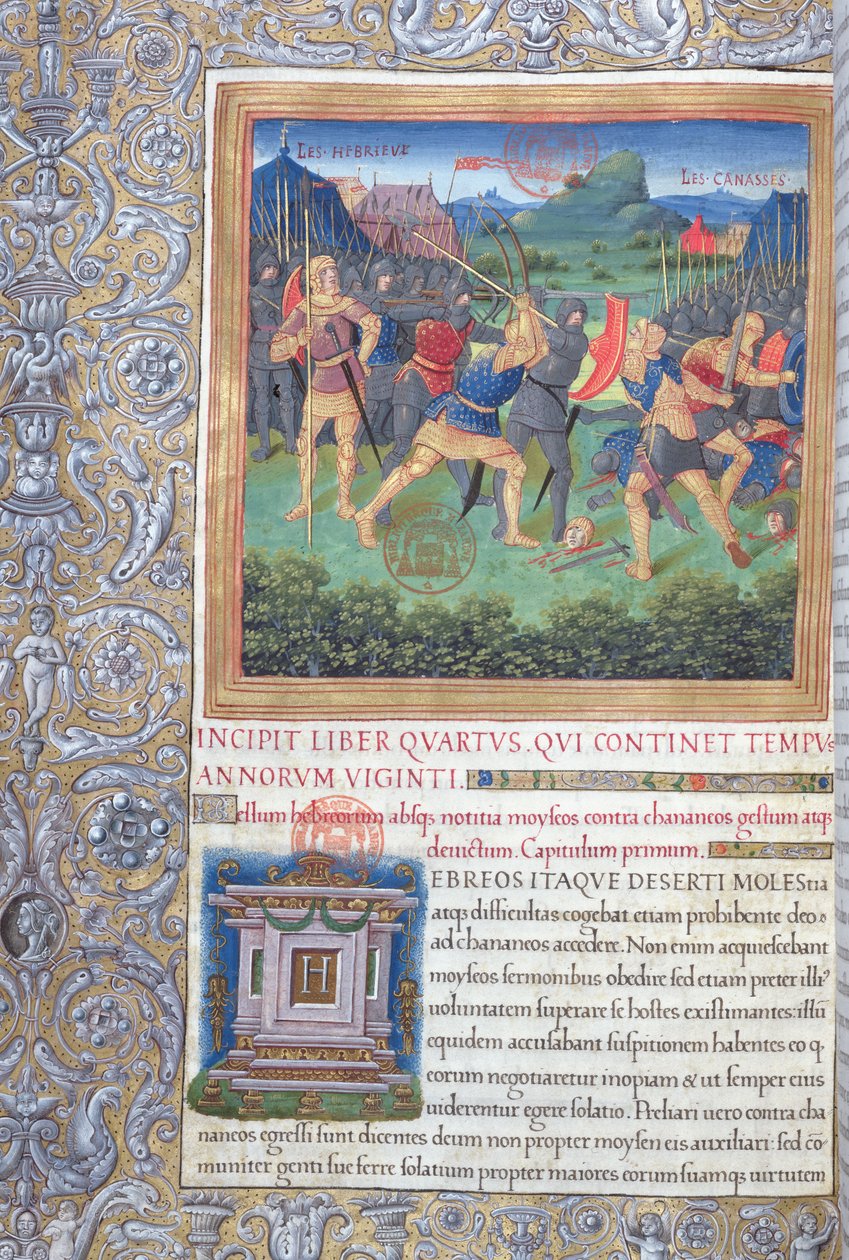 Ms. 1581 f. 071 Kuvitus kirjasta IV (Sen sukupolven hylkäämisestä Mooseksen kuolemaan), Flavius Josephuksen juutalaisten antiikin (Antiquitates Judaicae) luvusta 1 - Taistelu tekijältä French School