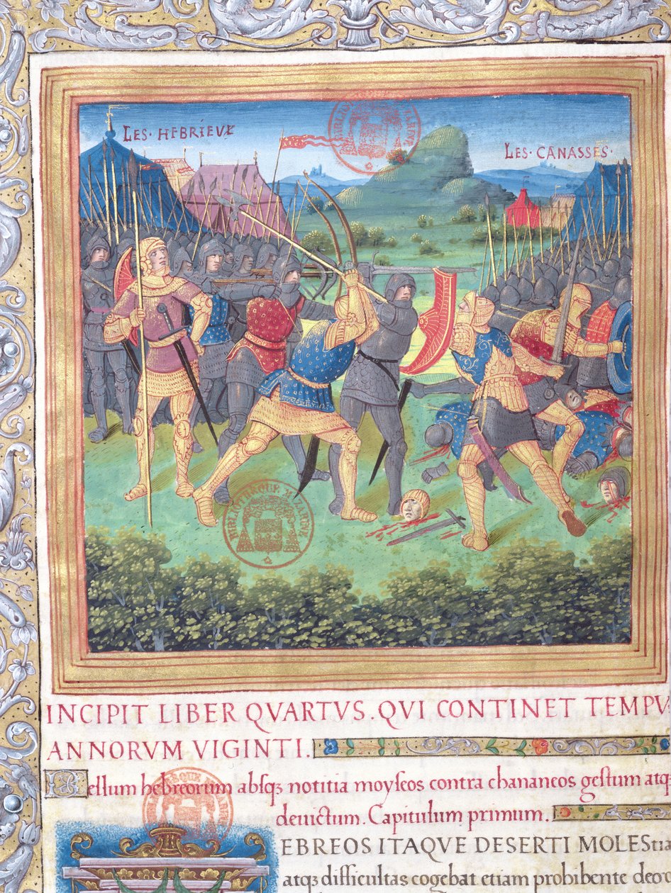 Ms. 1581 f. 071 Kuvitus kirjasta IV (Sen sukupolven hylkäämisestä Mooseksen kuolemaan), Flavius Josephuksen juutalaisten antiikin (Antiquitates Judaicae) luvusta 1 - Taistelu tekijältä French School