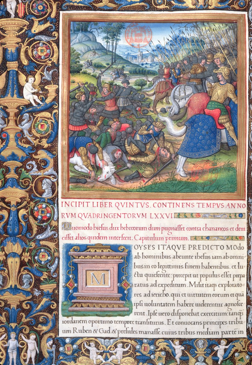 Ms. 1581 f. 089v Kuvitus kirjasta V (Mooseksen kuolemasta Eelin kuolemaan), luvusta 1 juutalaisten muinaismuistoista (Antiquitates Judaicae), kirjoittanut Flavius Josephus - Kuinka Joosua, komentaja tekijältä French School