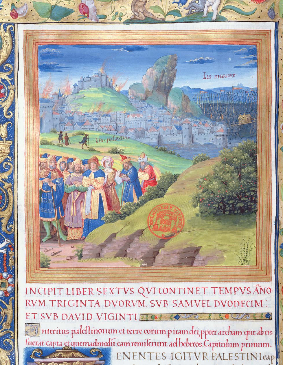 Ms. 1581 f. 108v Kuvitus kirjasta VI (Elin kuolemasta Saulin kuolemaan), Flavius Josephuksen juutalaisten antiikin (Antiquitates Judaicae) luvusta 1 - Tuho, joka tapahtui tekijältä French School
