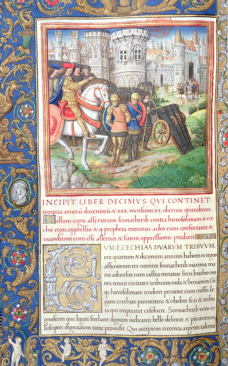 Ms. 1581 f. 195v Kuvitus kirjasta X (Kymmenen heimon vankeudesta Kyyroksen ensimmäiseen vuoteen), Flavius Josephus Sennacin juutalaisten antiikin (Antiquitates Judaicae) luvusta 1 tekijältä French School