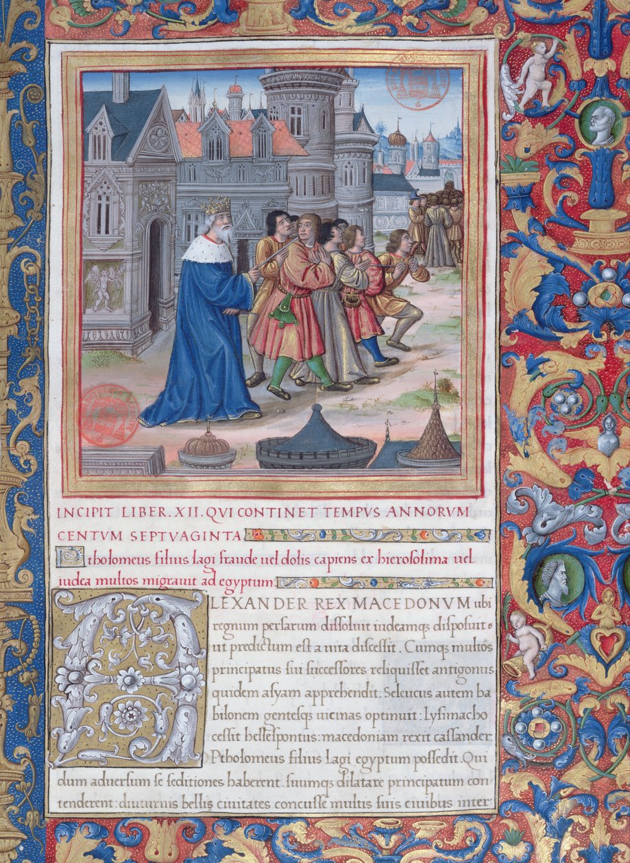 Ms. 1581 f. 228 Kuvitus kirjasta XII (Aleksanteri Suuren kuolemasta Juudas Makkabeuksen kuolemaan), luvusta 1 juutalaisten antiikin (Antiquitates Judaicae) kirjoittaja Flavius Josephu tekijältä French School