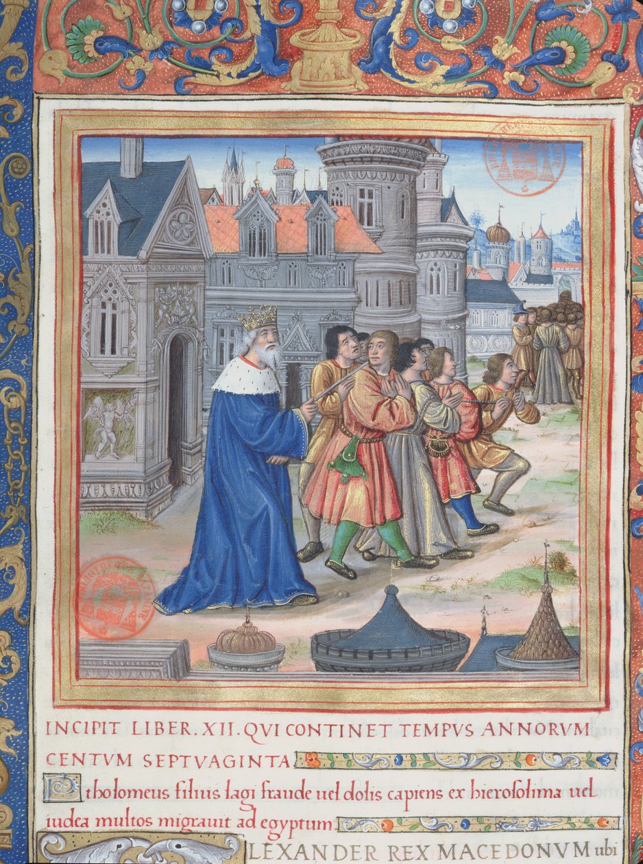Ms. 1581 f. 228 Kuvitus kirjasta XII (Aleksanteri Suuren kuolemasta Juudas Makkabeuksen kuolemaan), luvusta 1 juutalaisten antiikin (Antiquitates Judaicae) kirjoittaja Flavius Josephu tekijältä French School