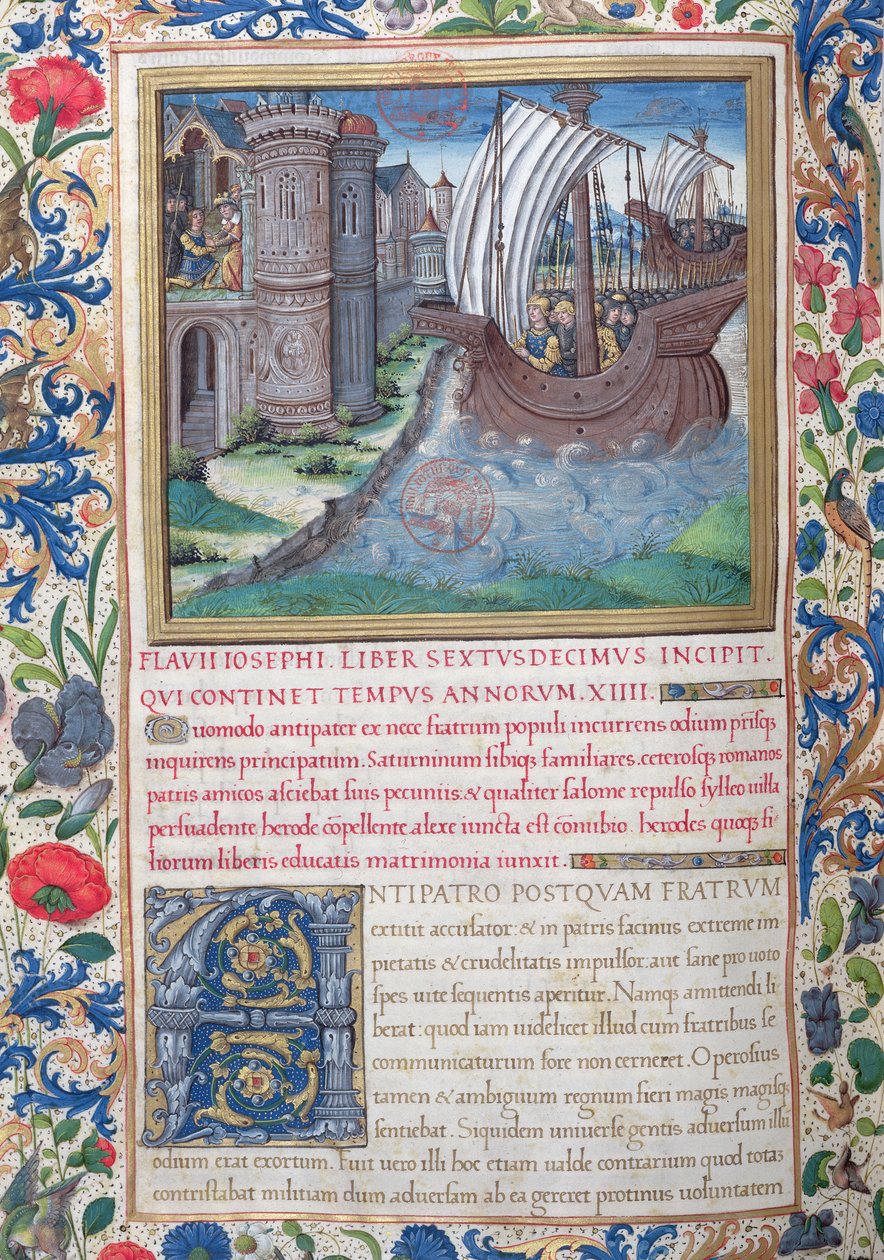 Ms. 1581 f. 326v Kuvitus kirjasta XVI (Herodeksen temppelin valmistumisesta Aleksanterin ja Aristobuluksen kuolemaan), Fl:n juutalaisten antiikin (Antiquitates Judaicae) luvusta 1 tekijältä French School