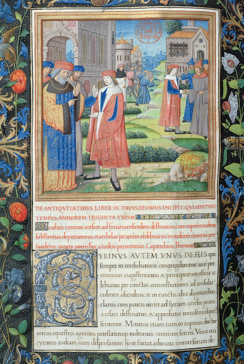 Ms. 1581 f. 349v Kuvitus kirjasta XVIII (Arkelaoksen karkoittamisesta juutalaisten lähtöön Babylonista), Flaviuksen juutalaisten antiikin (Antiquitates Judaicae) luvusta 1 tekijältä French School