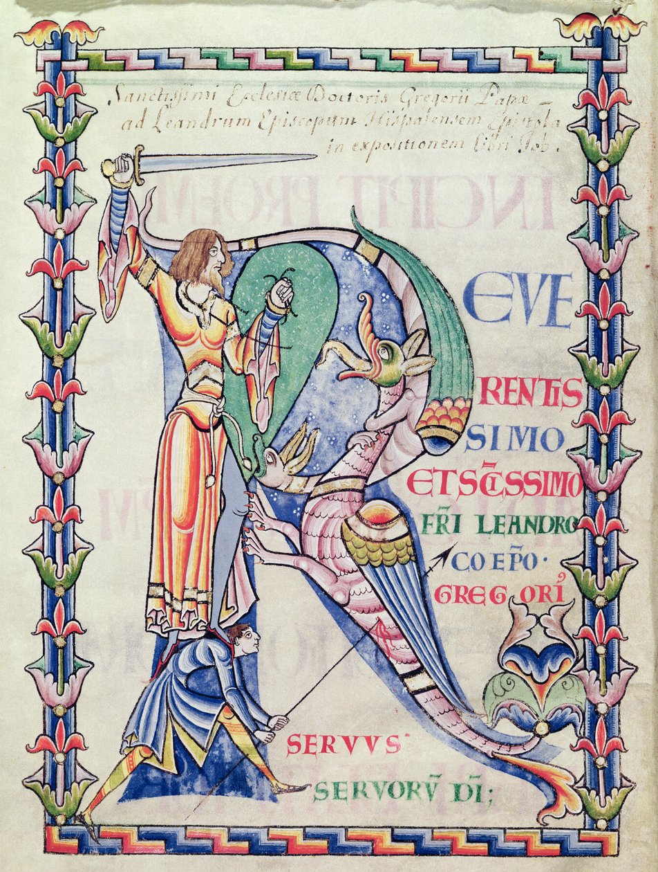 Ms 168 f.4v Historioitu alkukirjain R, joka kuvaa ritaria taistelemassa lohikäärmettä vastaan. Paavi Gregorius Suuren teoksesta Moralia in Job tekijältä French School
