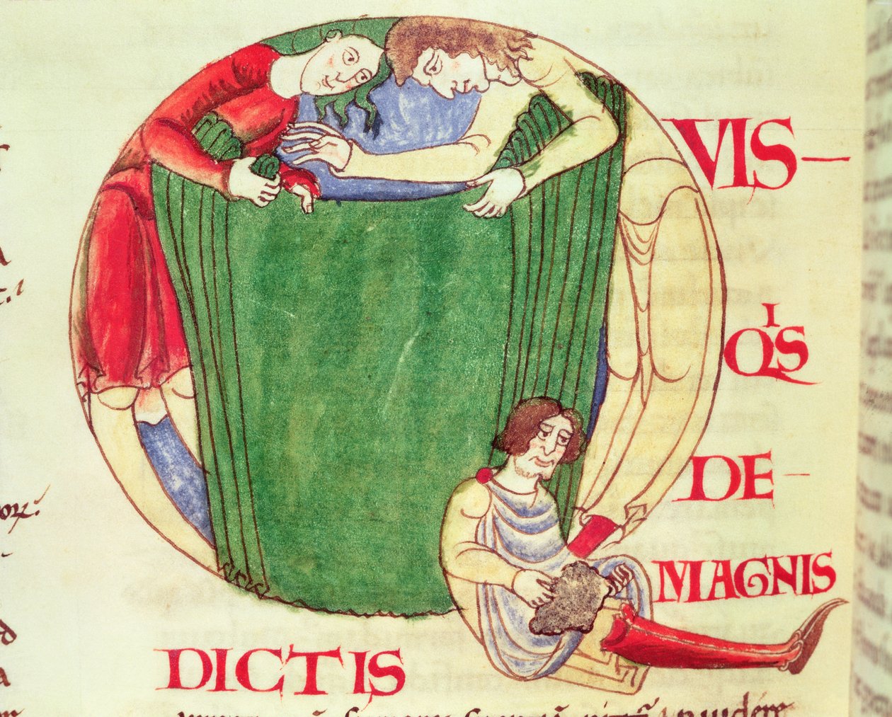 Ms 173 fol.92v Historisoitu ensimmäinen Q, joka kuvaa verhoja, Moralia in Job, paavi Gregorius Suuren burgundilainen koulu tekijältä French School