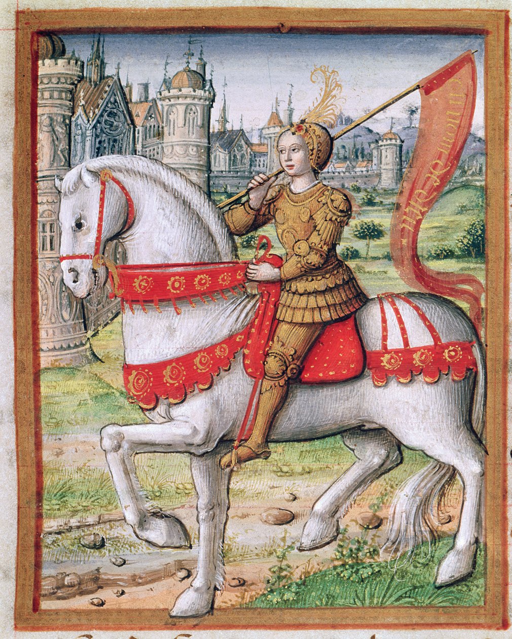 Ms 17 f.76 Joan of Arc elokuvasta "Life of Famous Women", n. 1505 tekijältä French School