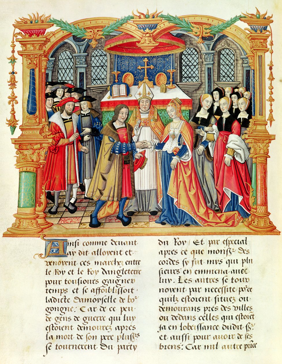 Ms 18 f.185v Maria Burgundin ja Itävallan keisari Maximilian I:n avioliitto Philippe of Comminesin muistelmista (1445-1509) tekijältä French School
