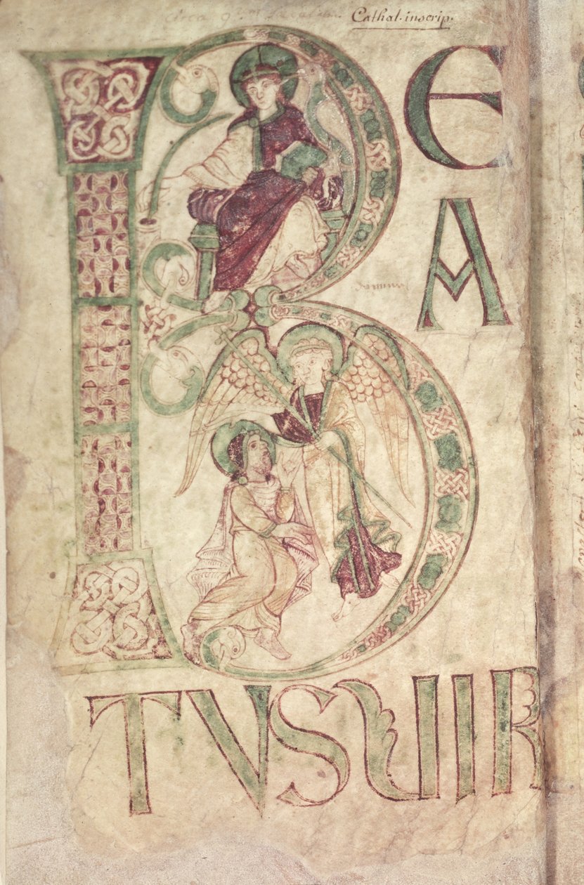 Ms 18 f.1v Historioitu alkukirjain B, joka kuvaa Pyhää Johannesta evankelistaa ja enkeliä Corbie-psalterista tekijältä French School