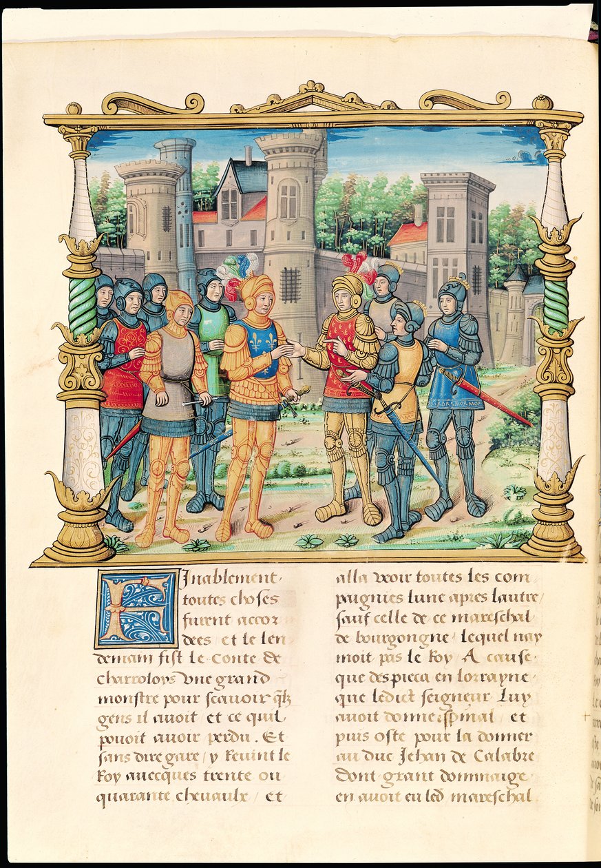 Ms 18 f.32v Conflansin sopimus Ludvig XI:n ja Kaarle Rohkean, Burgundin herttuan välillä, lokakuu 1465, Philippe of Comminesin muistelmista (1445-1509) tekijältä French School