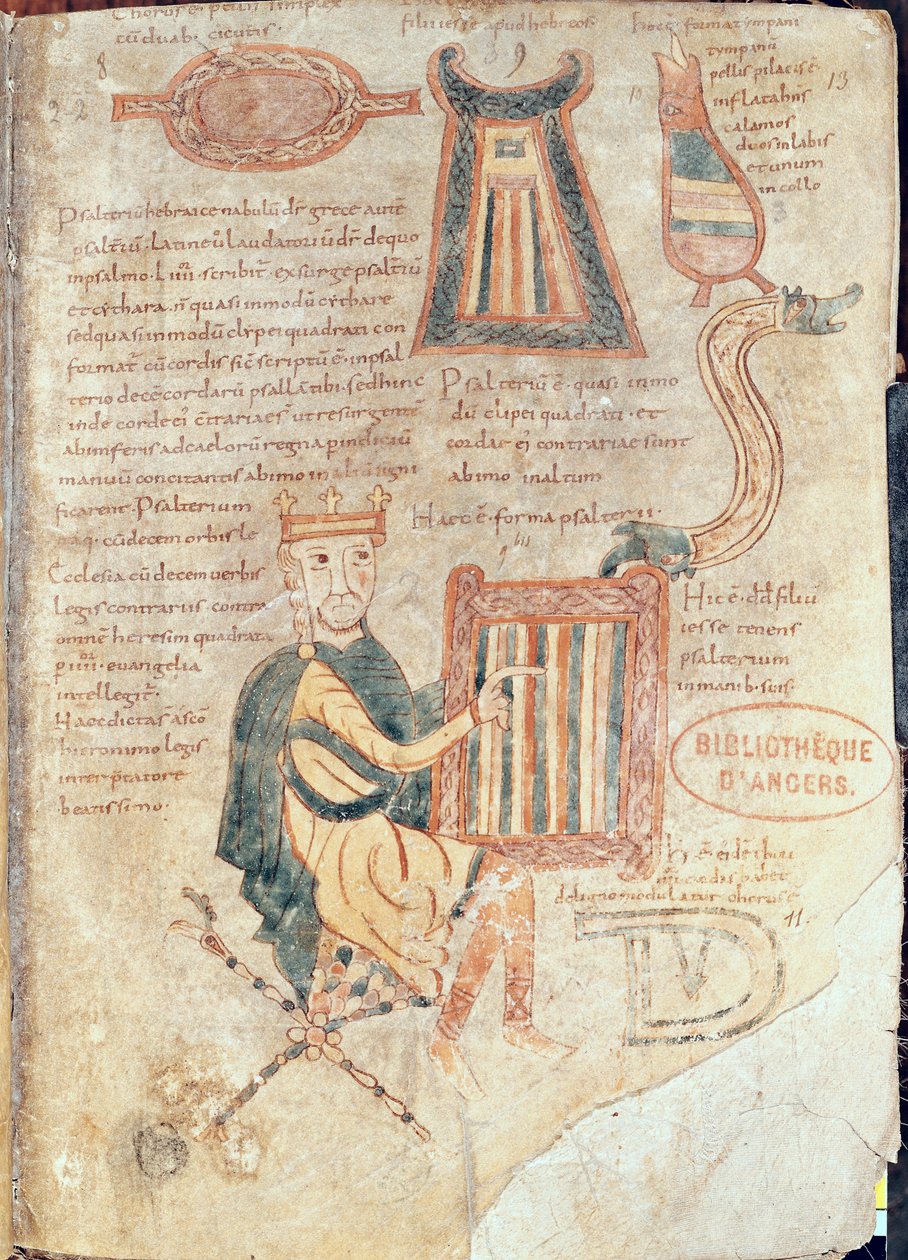 Ms 18 fol.13 Kuningas Daavid soittaa psalteria, psalterista tekijältä French School