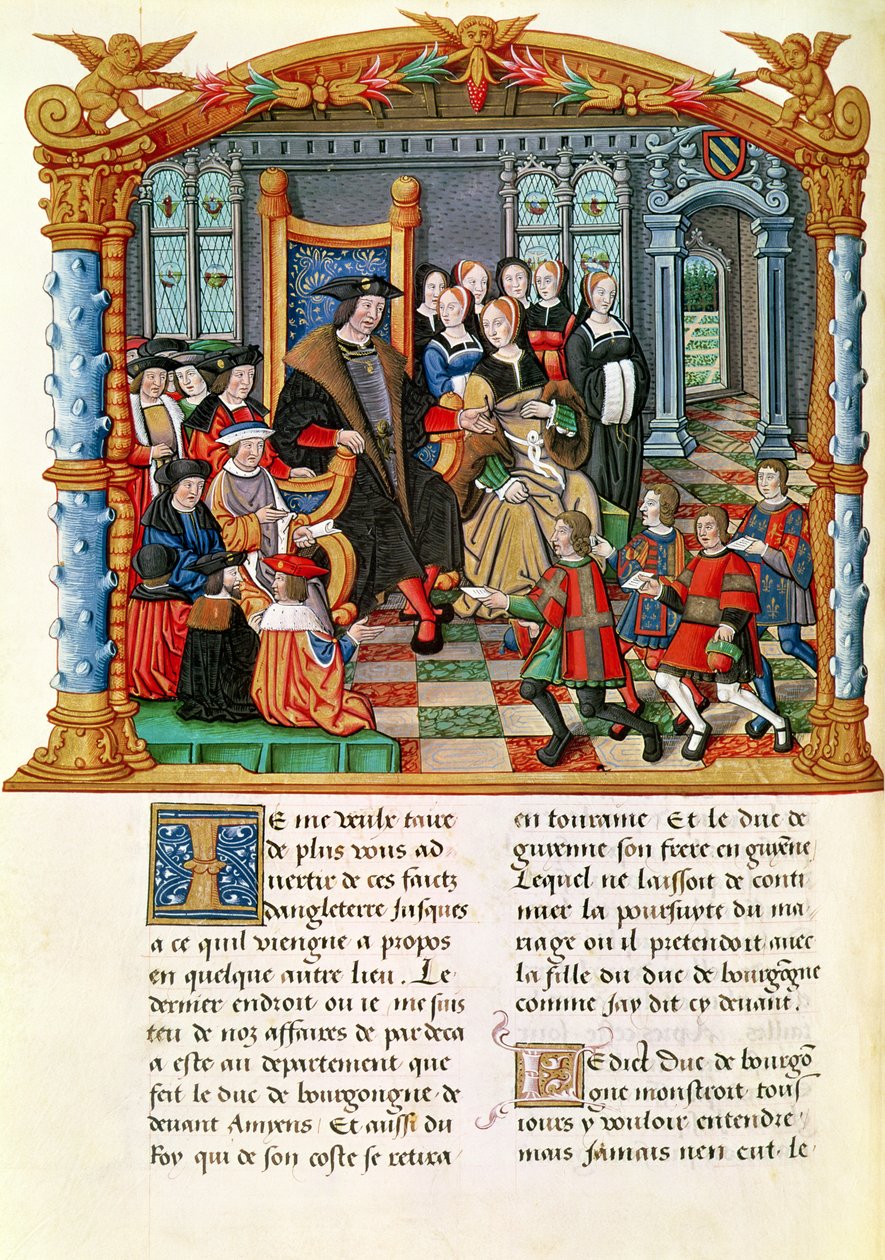 Ms 18 fol.84v Kaarle Rohkea, Burgundin herttua, vastaanottamassa Ranskan ja Guyennen lähettiläitä Philippe of Comminesin muistelmista (1445-1509) tekijältä French School