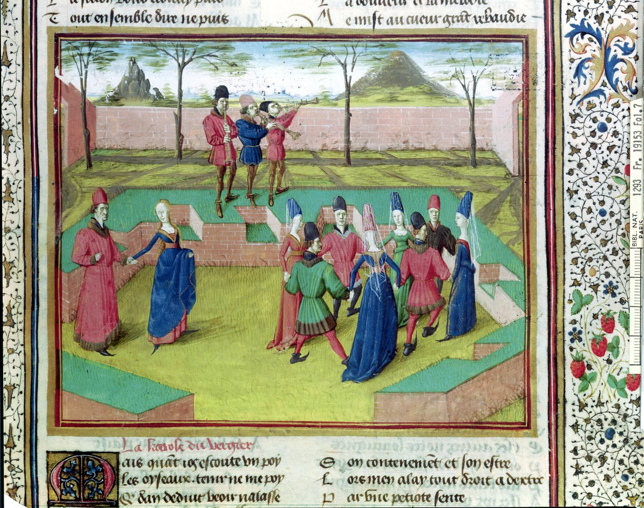 Ms 19153 f.7 Carole in the Orchard, kuvitus Jean de Meungin Le Roman de la Rosesta, n. 1460 tekijältä French School