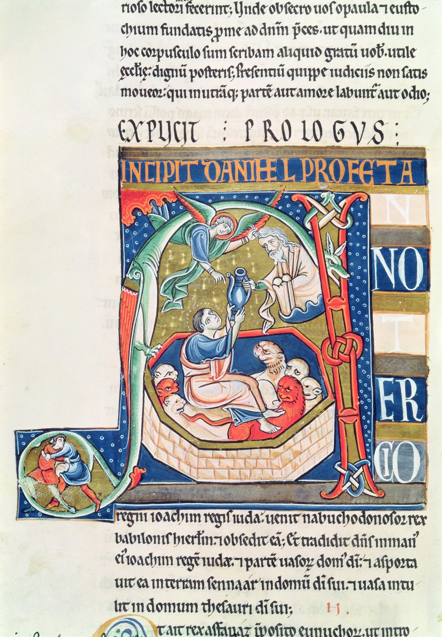 Ms 1 fol.185v Historioitu alkukirjain A, joka kuvaa Danielia Lions luolassa, Souvignyn Raamatusta tekijältä French School